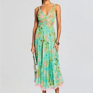 Hemant & Nandita Green and Pink Floral Midi Dress